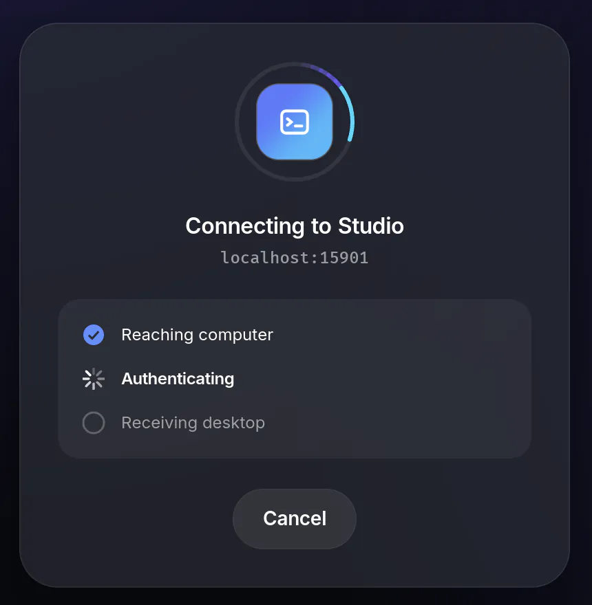 FarLink connecting to a computer called Studio: reaching computer, authenticating, receiving desktop.