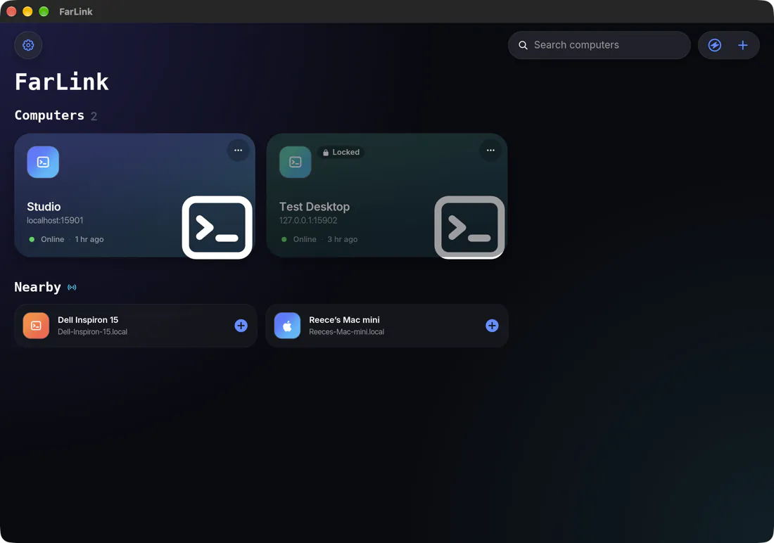 The FarLink desktop app showing two saved computers, Studio and Test Desktop, and two nearby computers.