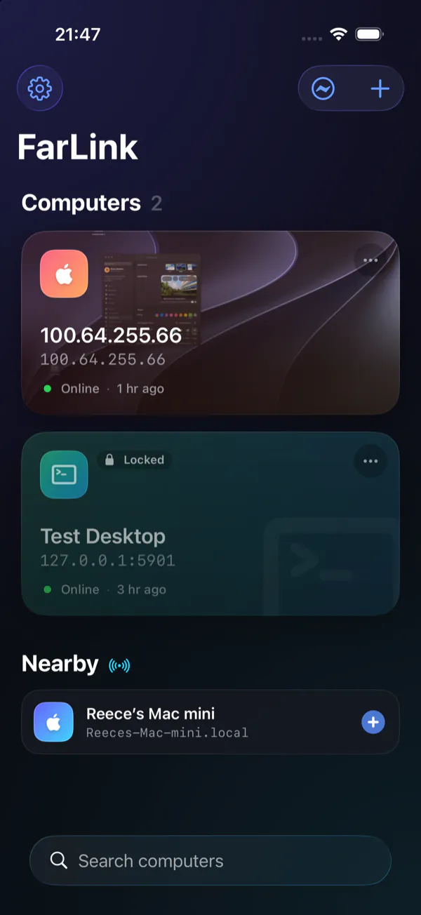 FarLink on iPhone: a library of computers with live thumbnails and a Nearby list.