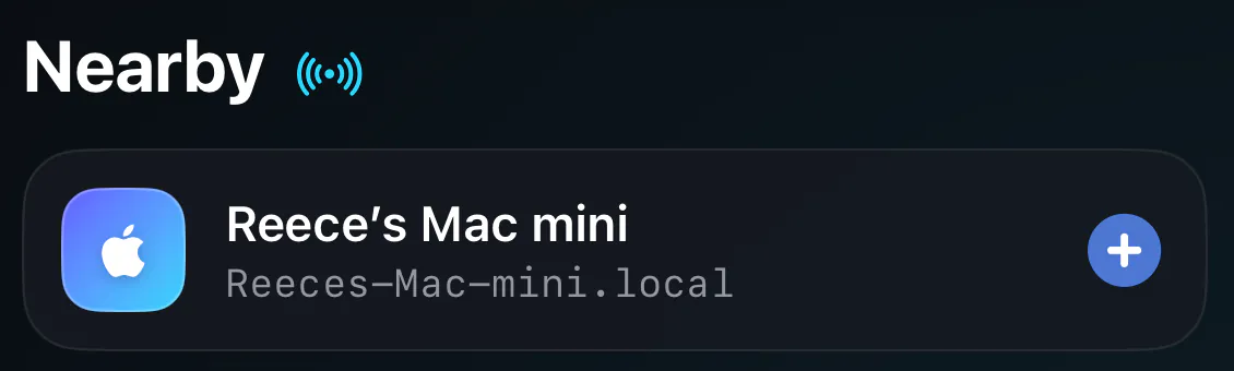 A nearby Mac mini found on the network, with a button to add it.