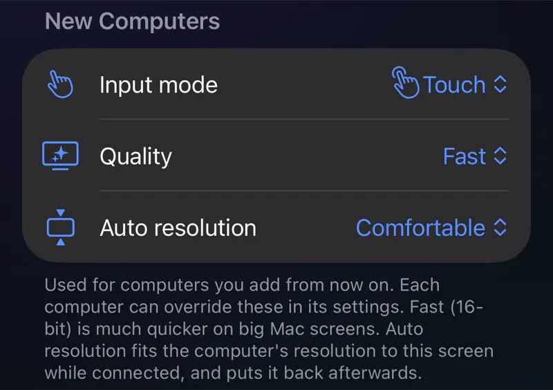 FarLink settings on iPhone: input mode set to Touch, quality set to Fast and auto resolution set to Comfortable.
