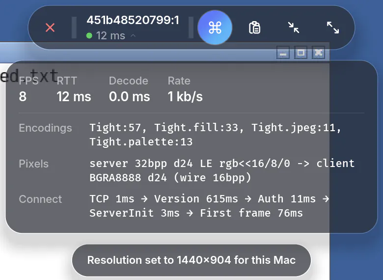 Session statistics over a remote desktop, with the notice “Resolution set to 1440×904 for this Mac”.