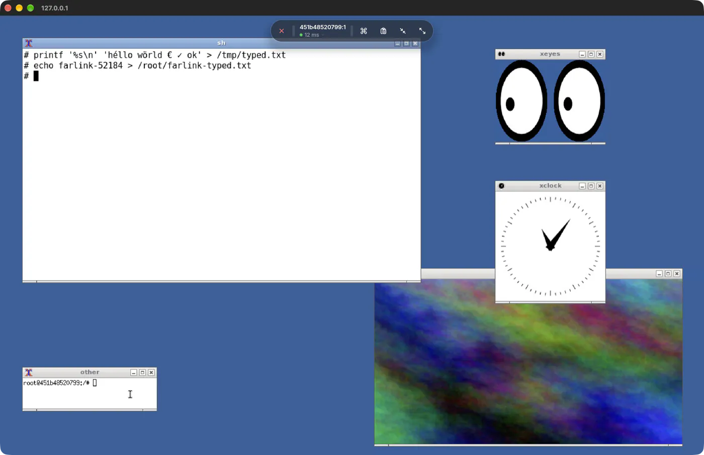 A live Linux desktop in FarLink, with the session toolbar showing a 12 ms round trip.